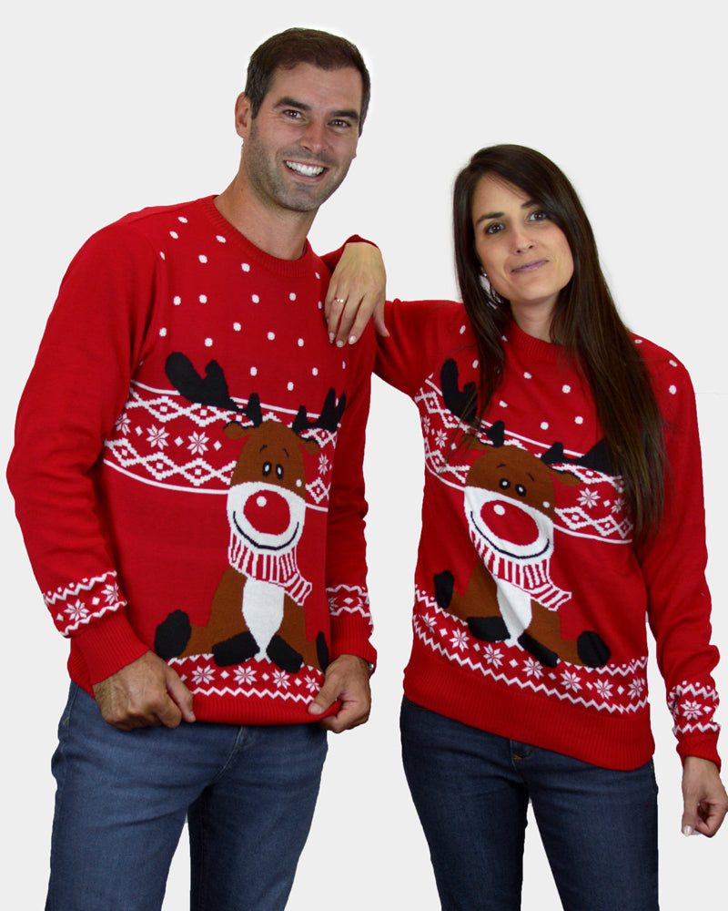 Jersey de Navidad Parejas Niña y Niño Rojo Reno Rudolph Bufanda