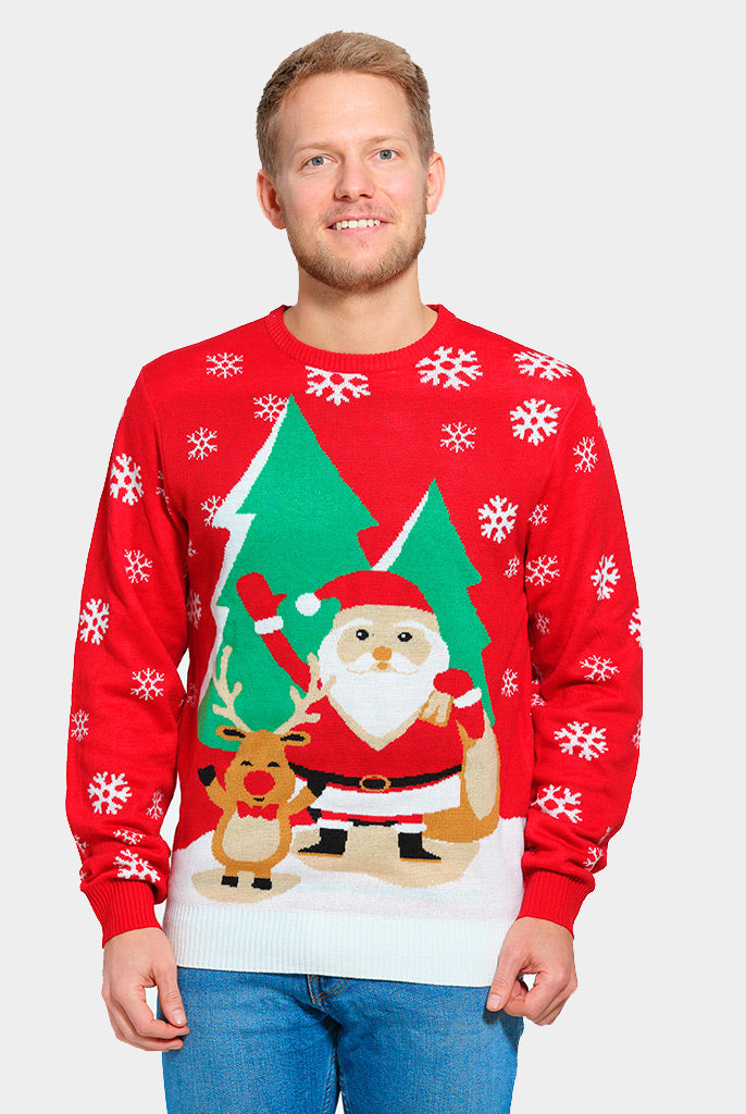 Santa Claus y Reno Saludando Jersey de Navidad Hombre Rojo