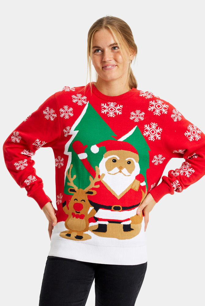 Mujer Jersey de Navidad Parejas Rojo con Santa Claus y Reno Saludando