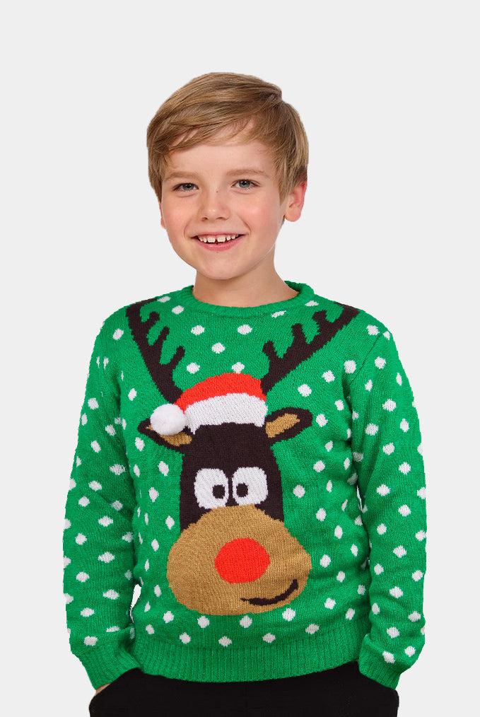 Jersey de Navidad Parejas Verde Reno con Gorro en 3D Niño