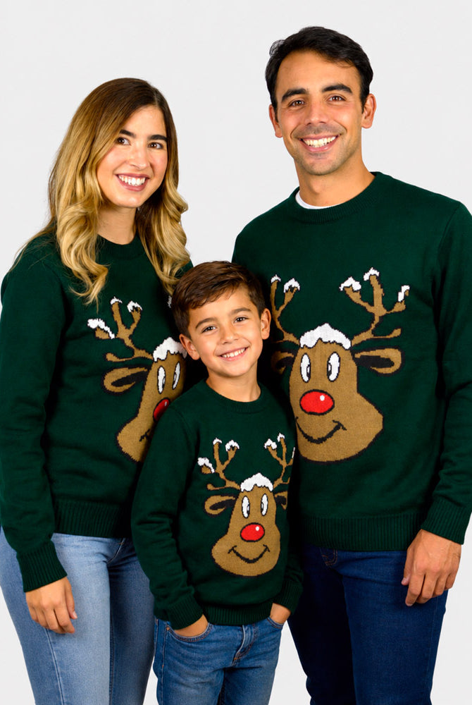 Jersey de Navidad Reno Sonriente Verde Familia