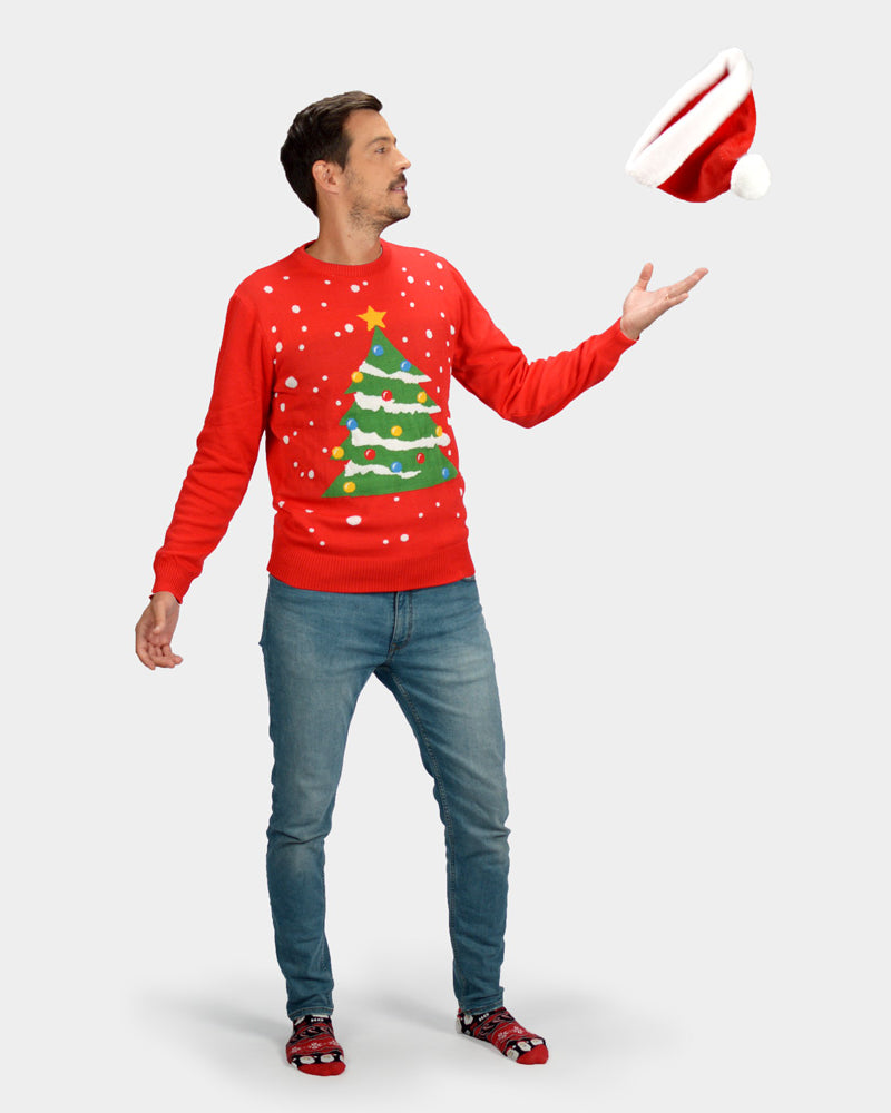Jersey de Navidad para Hombre Rojo Árbol de Navidad con Gorro