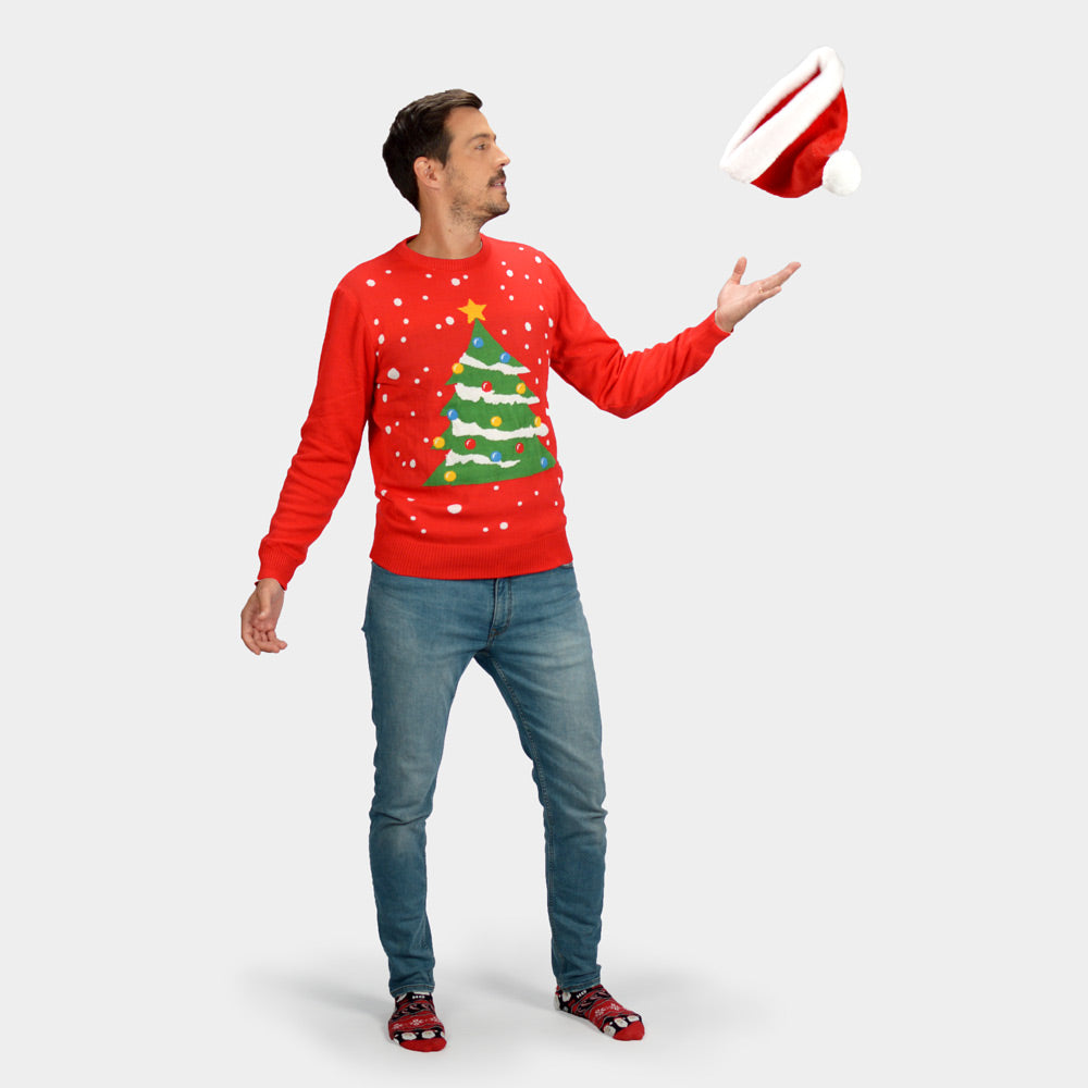 Jersey de Navidad para Hombre Rojo Árbol de Navidad con Gorro