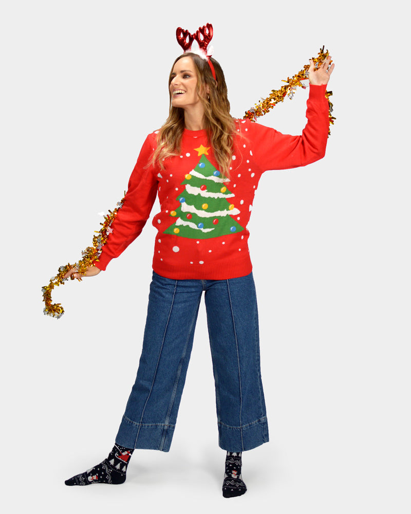 Jersey de Navidad para Mujer Rojo Árbol de Navidad con Diadema