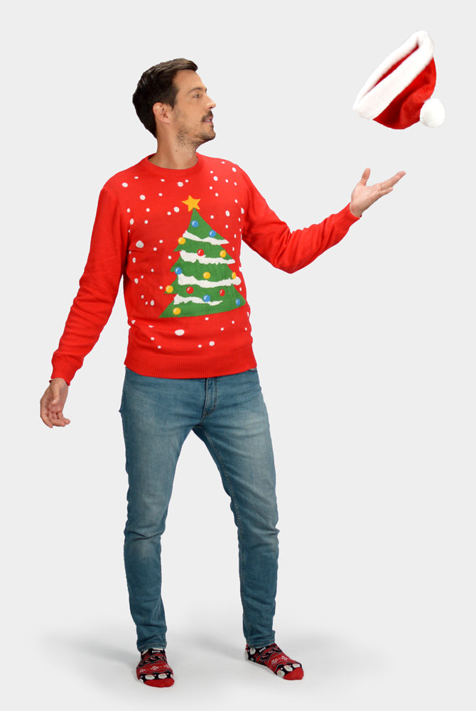 Jersey de Navidad para Hombre Rojo Árbol de Navidad Parejas con Gorro