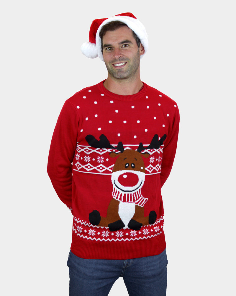 Jersey de Navidad Rojo Parejas Reno Rudolph Bufanda hombre