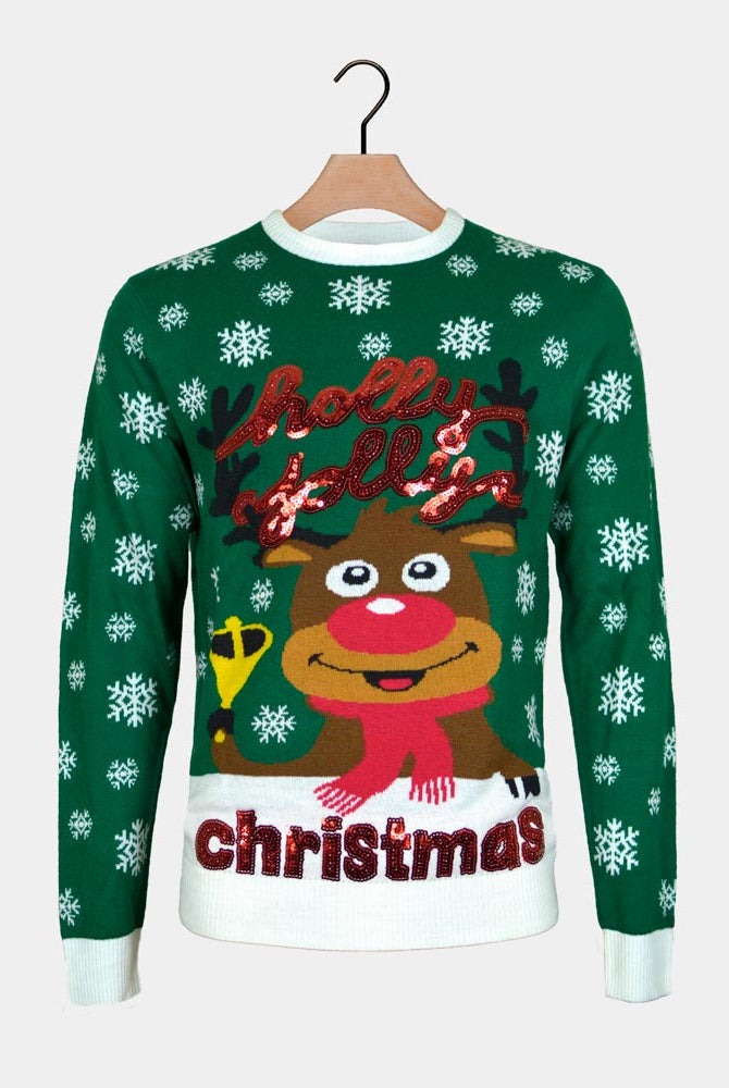 Jersey de Navidad Familia Verde Holly Jolly Lentejuelas