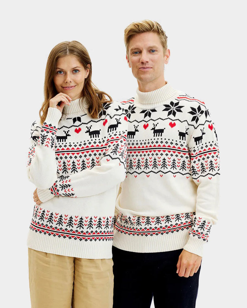 Jersey de Navidad de cuello alto Parejas Elegante Beige Algodón Orgánico
