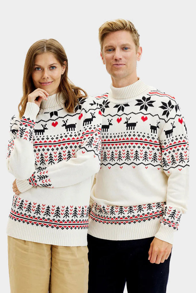 Jersey de Navidad de cuello alto Parejas Elegante Beige Algodón Orgánico
