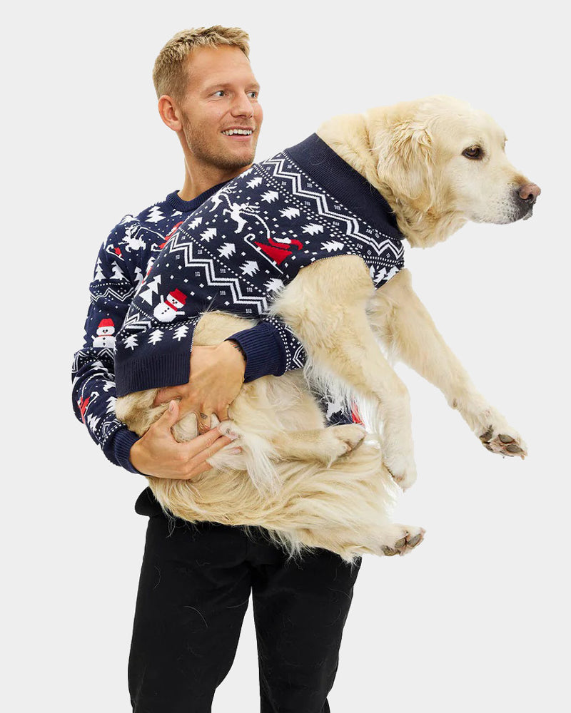 Jersey Navidad Familia Perro Árboles, Muñecos y Papá Noel Algodón Orgánico