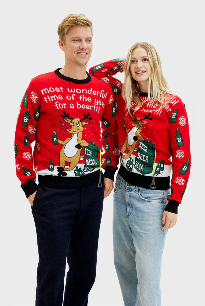 Jersey Navideño para Mujer y Hombre Reno con Abridor de Cerveza