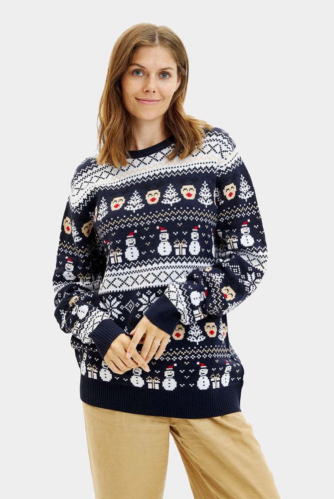 Jersey de Navidad Azul Muñecos de Nieve y Cenefas Mujer