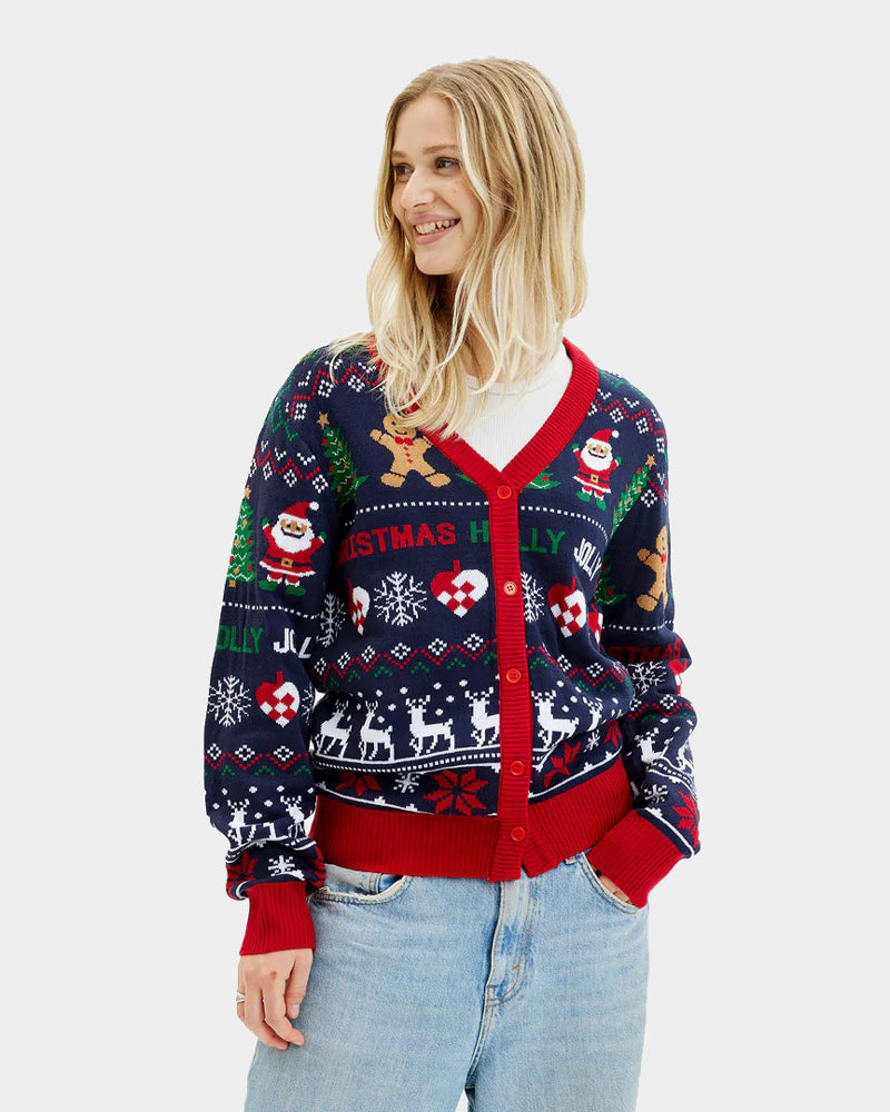 Jersey de Navidad Cárdigan Azul y Rojo Mujer