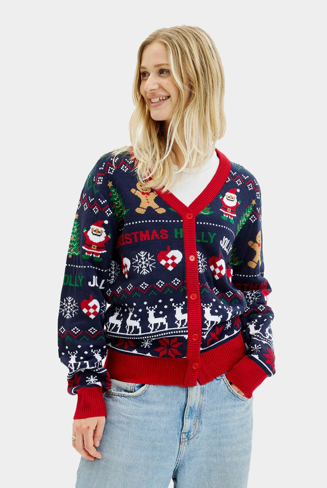 Jersey de Navidad Cárdigan Azul y Rojo Mujer