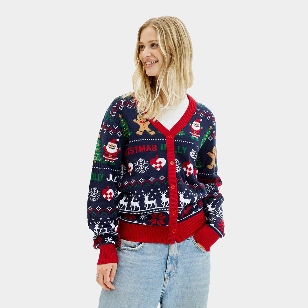 Jersey de Navidad Cárdigan Azul y Rojo Mujer