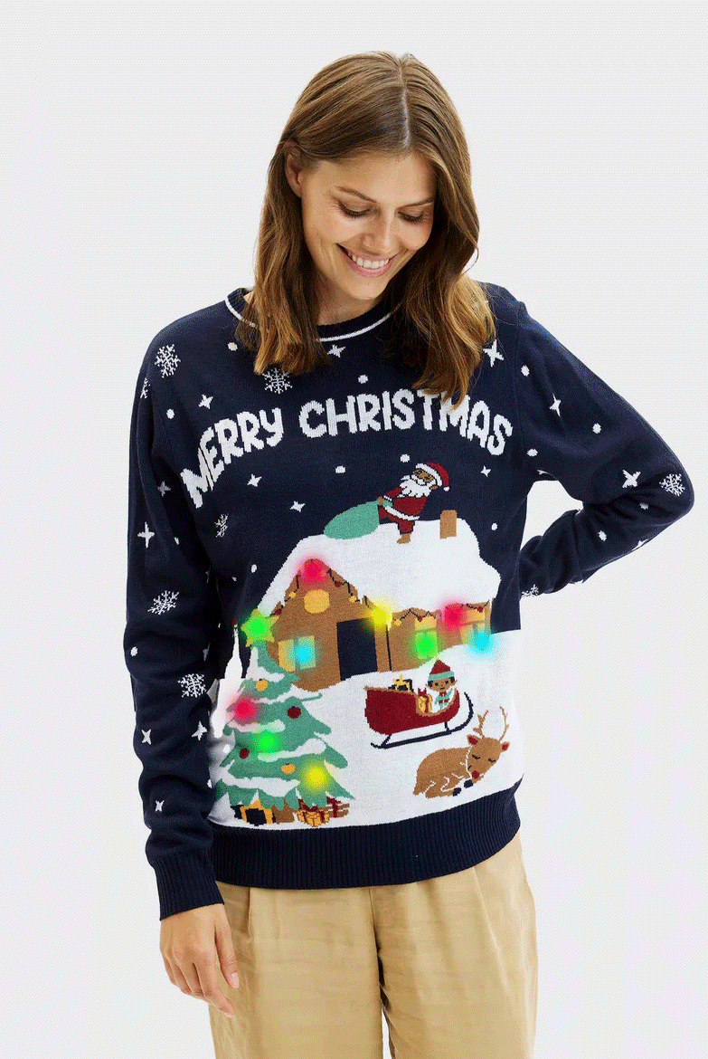 Jersey de Navidad Luces LED Mujer Azul Merry Christmas