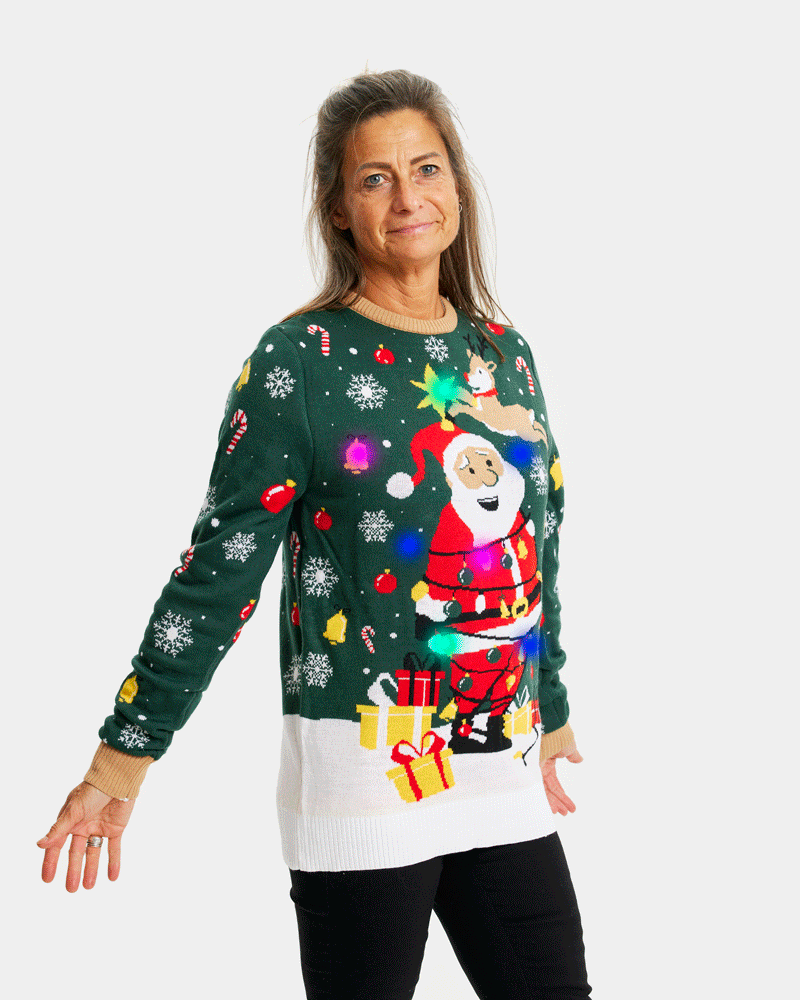 Mujer Jersey de Navidad con Luces LED Parejas Papá Noel hecho un Lío