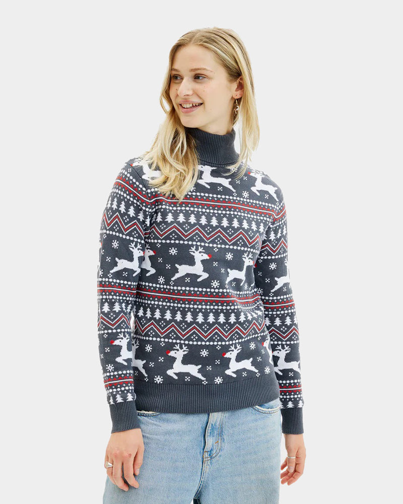 Jersey de Navidad de cuello alto Mujer Gris Renos Algodón Orgánico