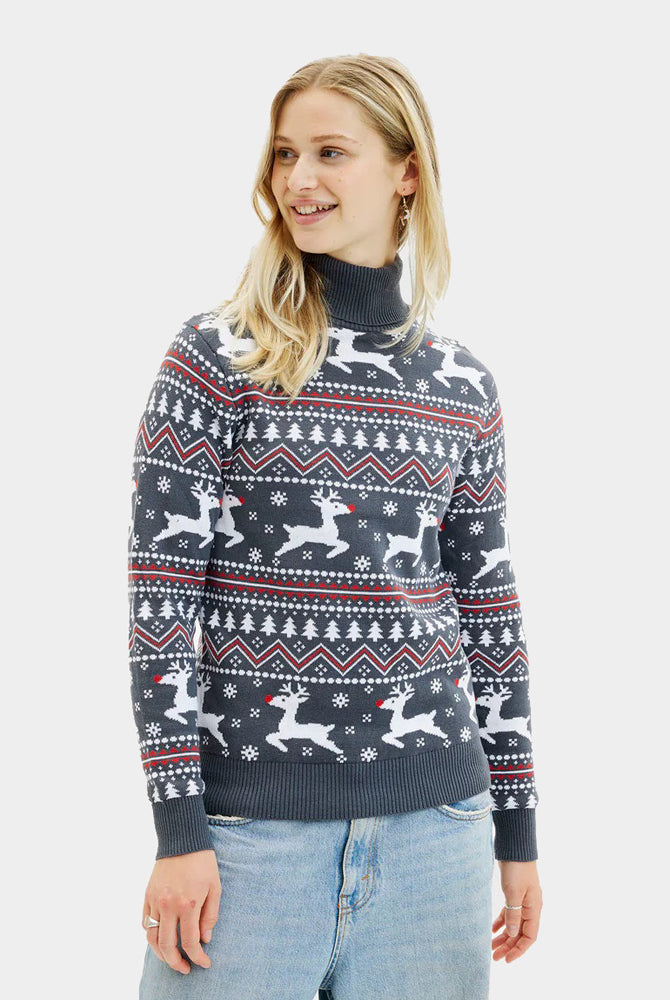 Jersey de Navidad de cuello alto Mujer Gris Renos Algodón Orgánico