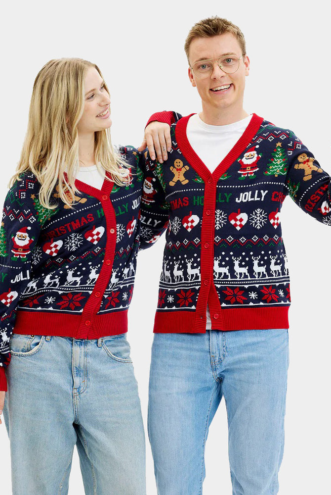 Jersey de Navidad para Hombre Cárdigan Azul y Rojo Mujer