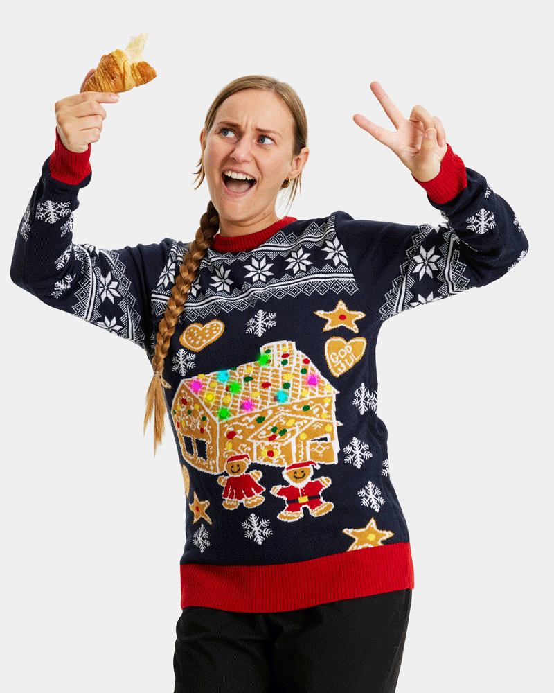 Mujer Jersey de Navidad con Luces LED Parejas Casa Gingerbread