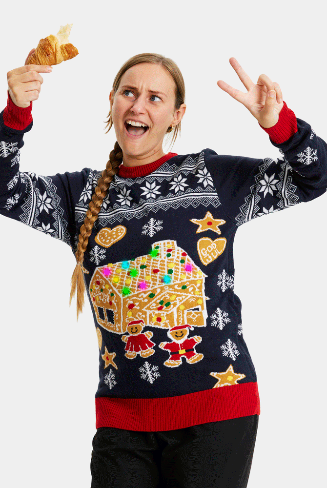 Mujer Jersey de Navidad con Luces LED Parejas Casa Gingerbread