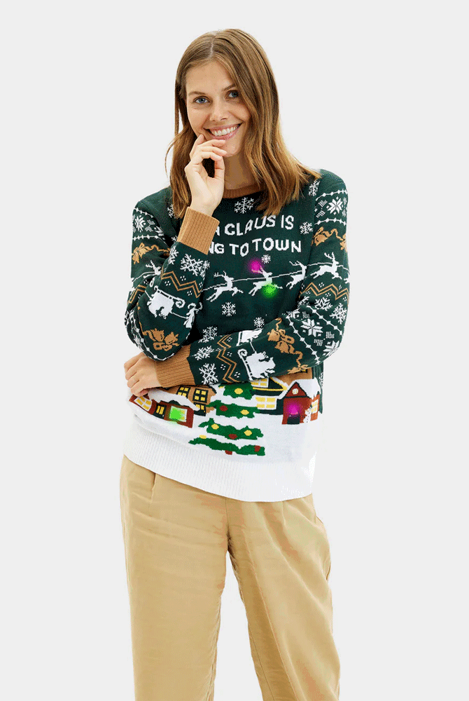 Jersey de Navidad Luces LED para Mujer Santa is Coming to Town