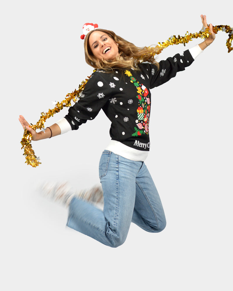 Jersey de Navidad con Árbol de Navidad para Mujer Negro