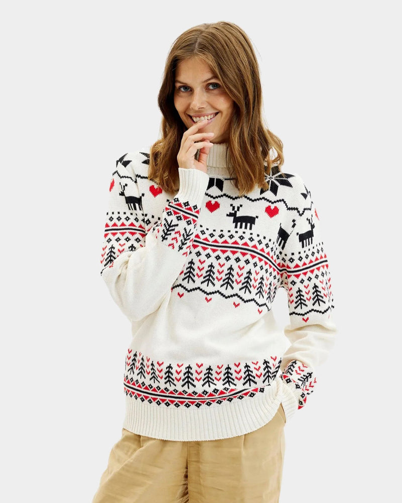 Jersey de Navidad de cuello alto Elegante Beige Algodón Orgánico Mujer