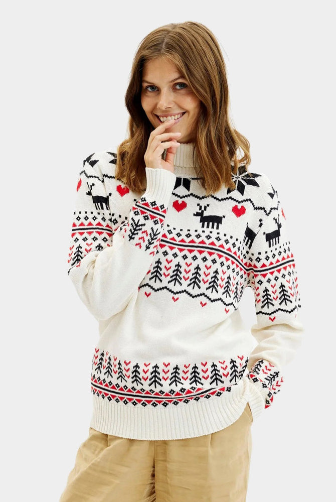 Jersey de Navidad de cuello alto Elegante Beige Algodón Orgánico Mujer