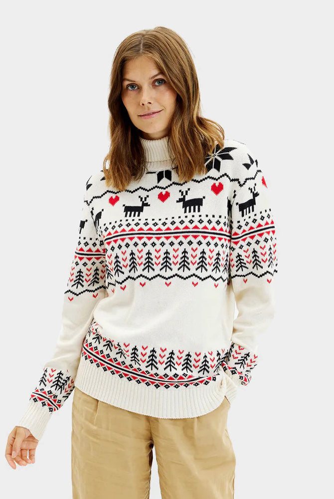 Jersey de Navidad de cuello alto Parejas Elegante Beige Algodón Orgánico Mujer