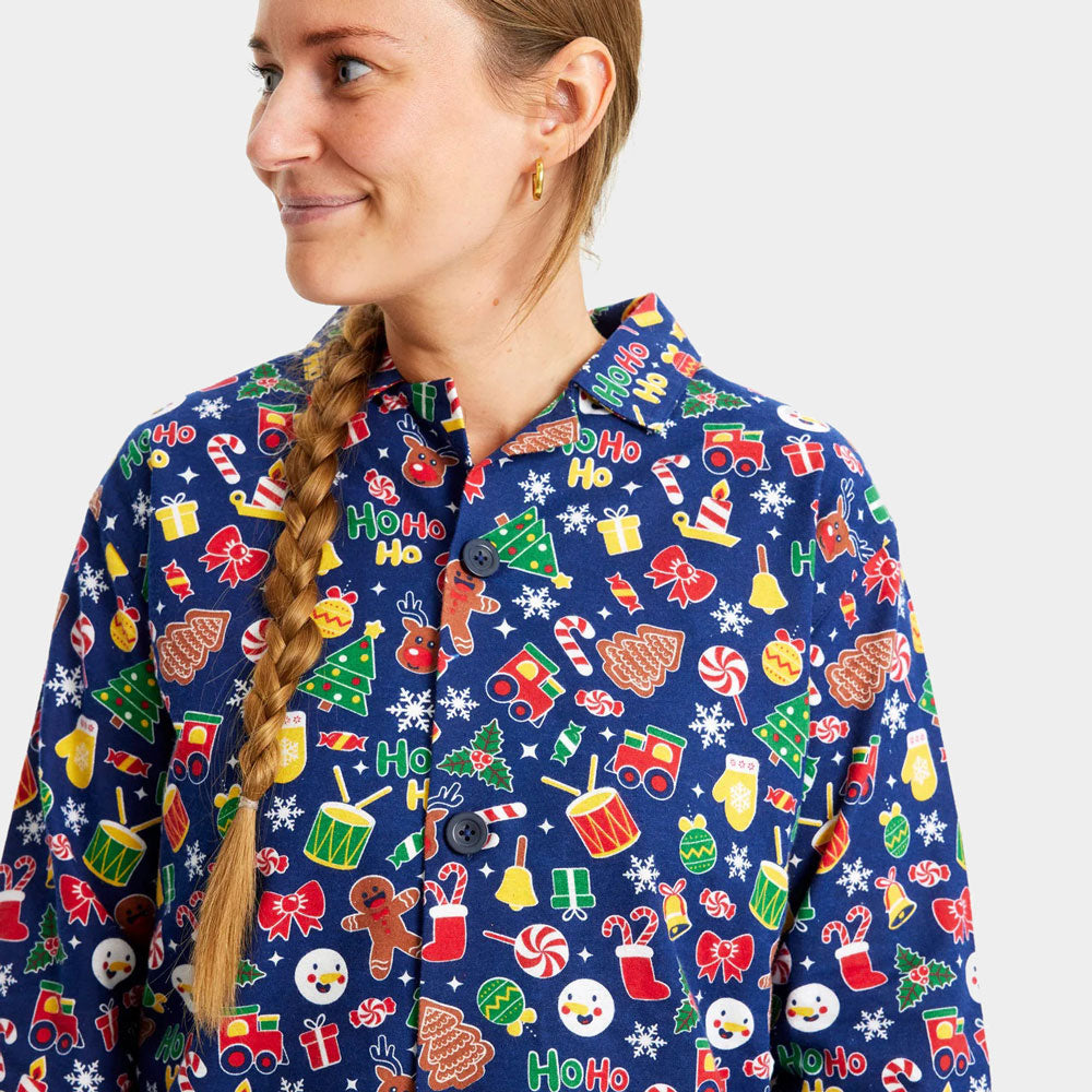 Mujer Pijama de Navidad para Familia Azul con Motivos Navideños