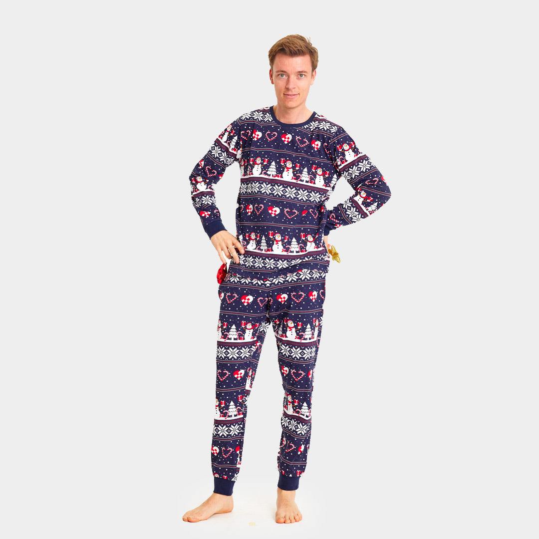 Pijama de Navidad para Familia Azul con Muñecos de Nieve y Corazones hombre