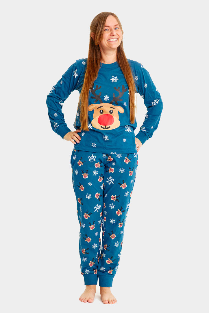 Pijama de Navidad para Familia Azul con Reno Rudolph mujer