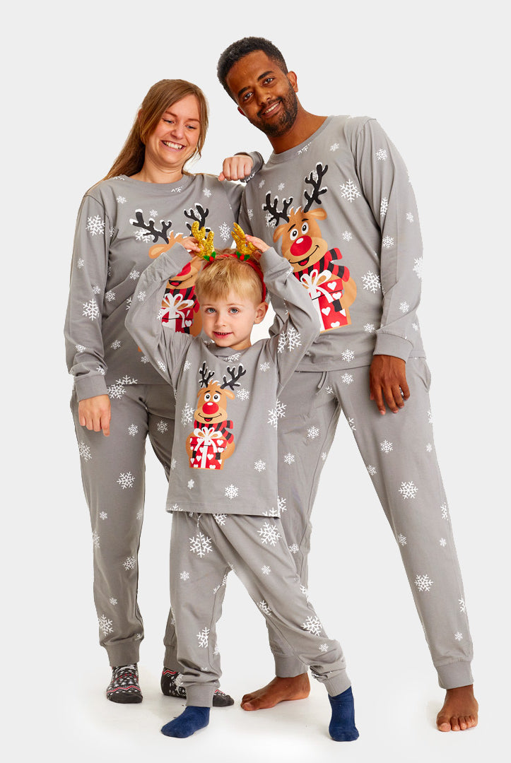 Pijama de Navidad para Familia Gris Reno Rodolfo Mujer y Hombre