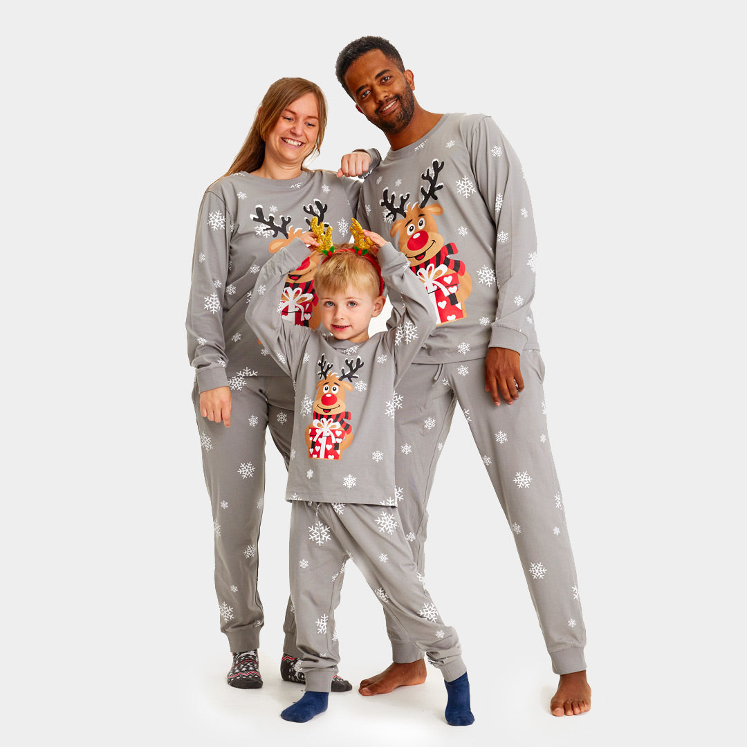 Pijama de Navidad para Familia Gris Reno Rodolfo Mujer y Hombre