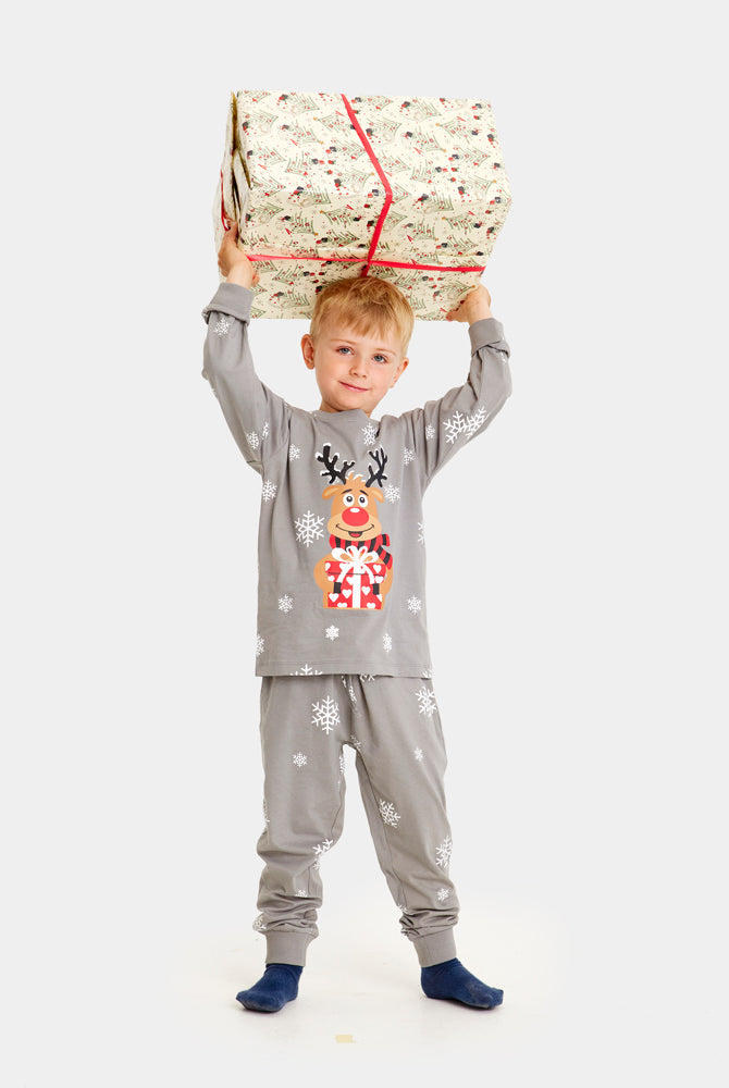 Pijama de Navidad para Familia y NIño Gris Reno Rodolfo