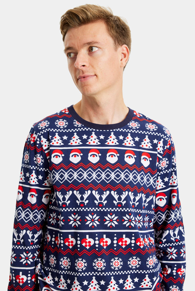 Pijama de Navidad para Familia Hombre con Papá Noel, Árboles y Corazones