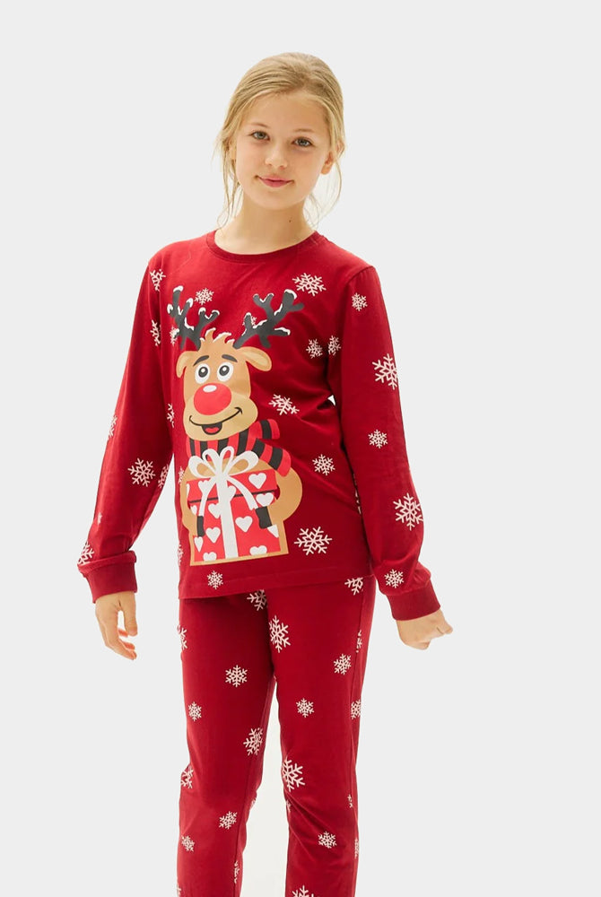 Pijama de Navidad para Familia Niña Rojo Reno Rodolfo