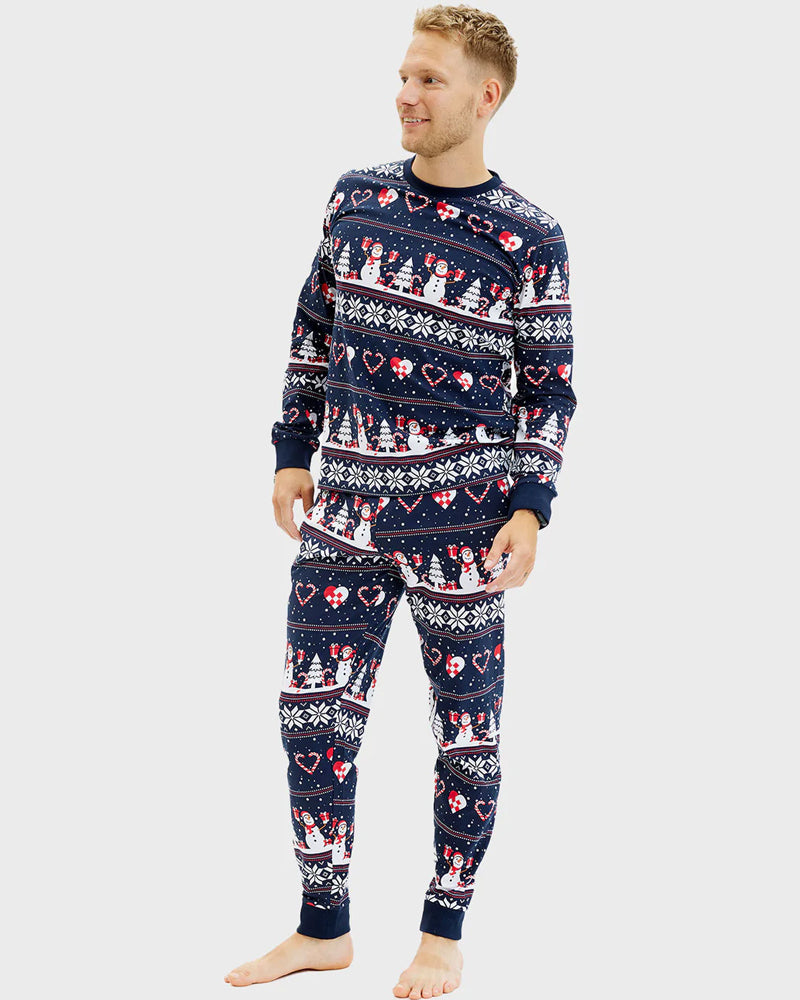 Pijama de Navidad para  Hombre Azul Muñecos de Nieve y Corazones