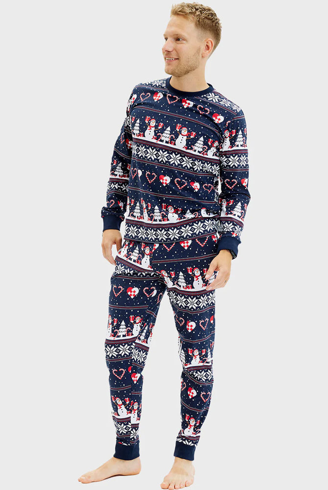 Pijama de Navidad para Hombre Azul Muñecos de Nieve y Corazones
