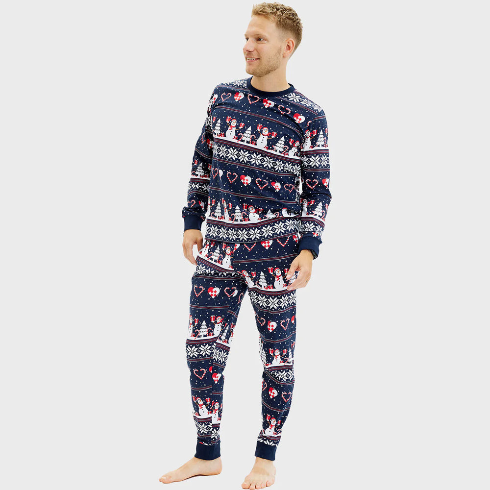 Pijama de Navidad para Hombre Azul Muñecos de Nieve y Corazones