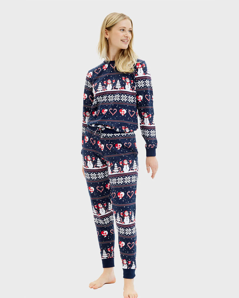 Pijama de Navidad para Mujer Azul Muñecos de Nieve y Corazones