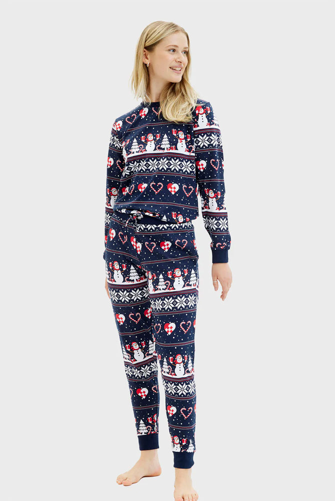Pijama de Navidad para Mujer Azul Muñecos de Nieve y Corazones