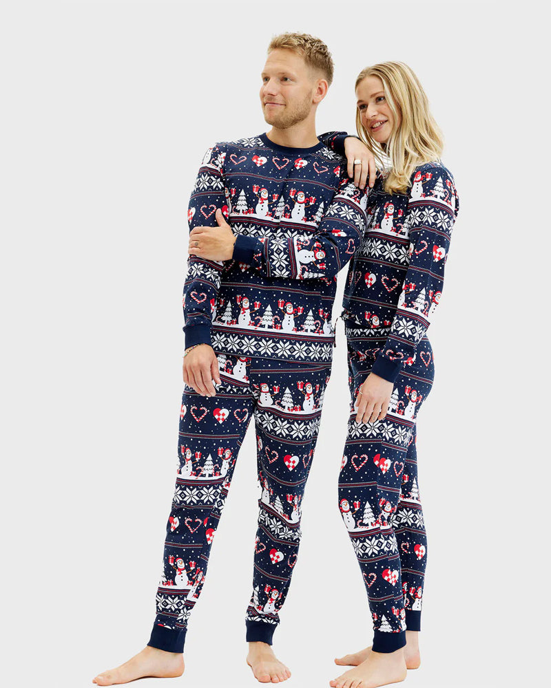 Pijama de Navidad para Mujer y Hombre Azul Muñecos de Nieve y Corazones