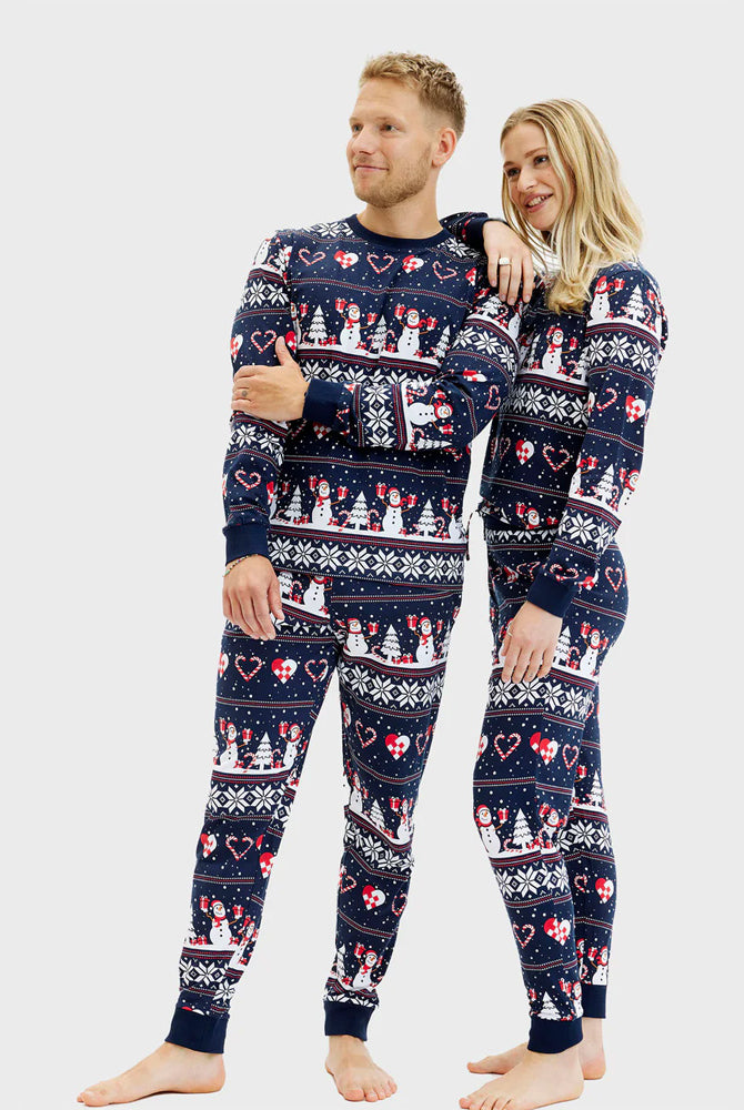 Pijama de Navidad para Mujer y Hombre Azul Muñecos de Nieve y Corazones