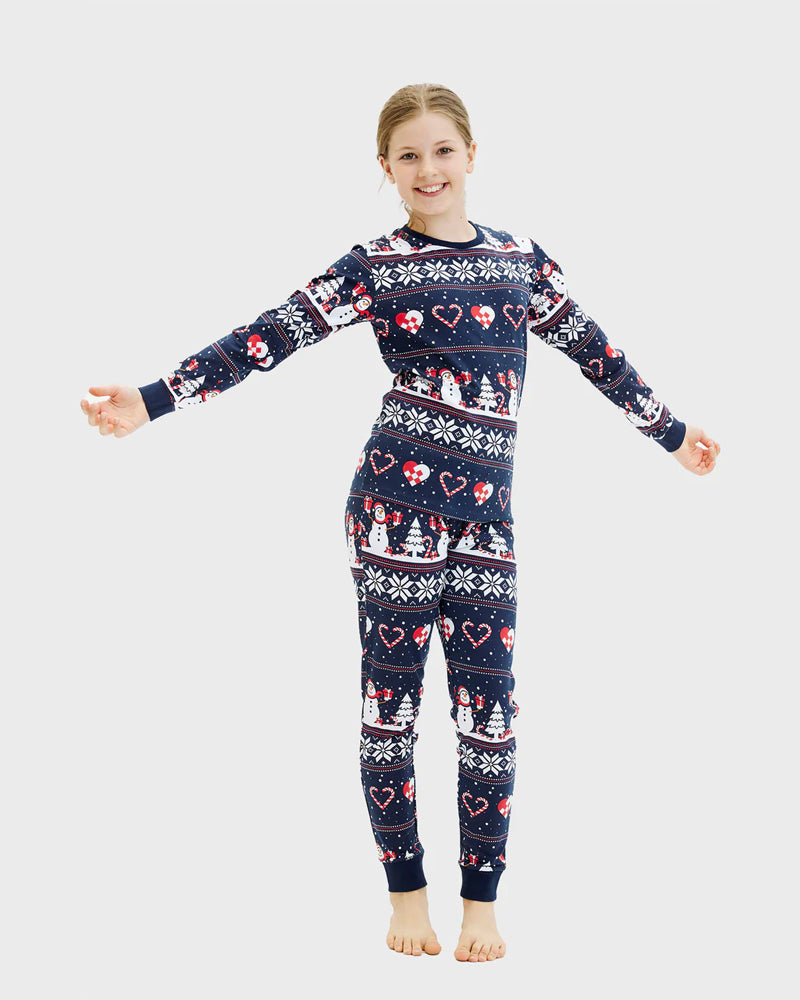 Pijama de Navidad para Niña Azul Muñecos de Nieve y Corazones