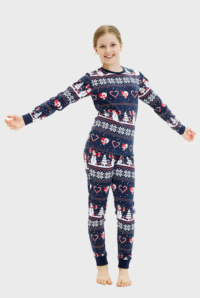 Pijama de Navidad para Niña Azul Muñecos de Nieve y Corazones