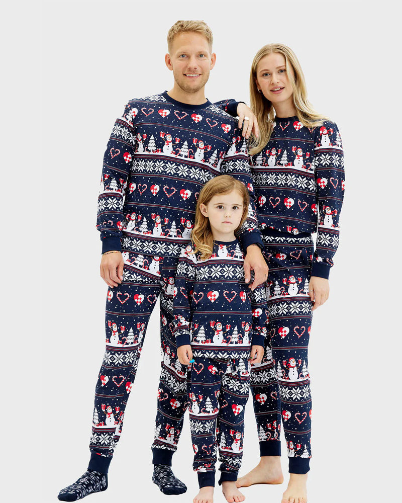 Pijama de Navidad para Niña y Niño Azul Muñecos de Nieve y Corazones Familia