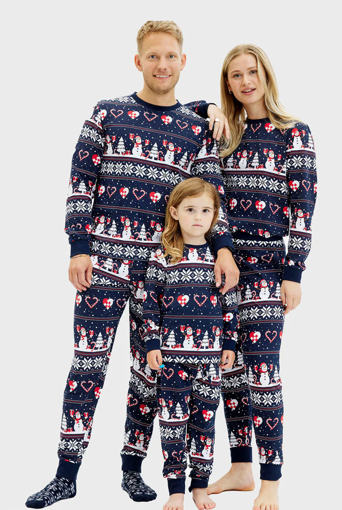 Pijama de Navidad para Niña y Niño Azul Muñecos de Nieve y Corazones Familia